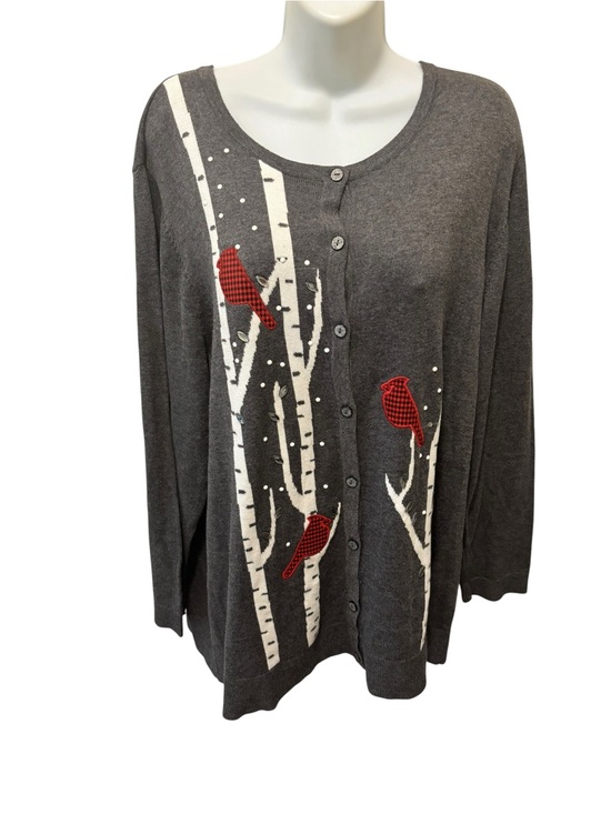 Christopher & Banks Sweaters - Grey Cotton Blend Cardigan White Birch Trees Plaid Cardinals Rhinestones Sz 2X